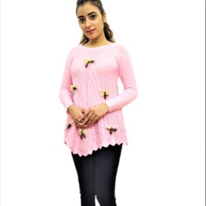 Light Pink Woven Round Neck Casual Regular Sleeve Self Design Women Top