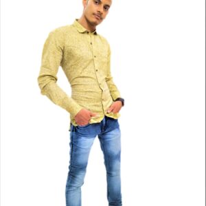 Alternative view of Men's Yellow-Blue Self Design Slim Fit Casual Shirt