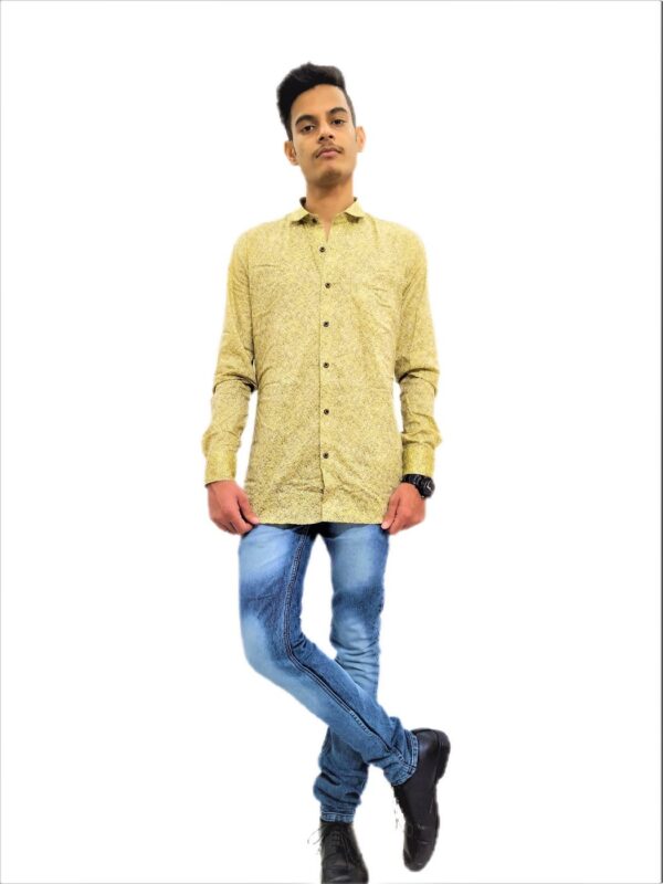 Men's Yellow-Blue Self Design Slim Fit Casual Shirt - Image 6