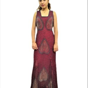 Women Maroon Petal Leave Pattern Long Kaftan Maxi Dress Zari Embroidery