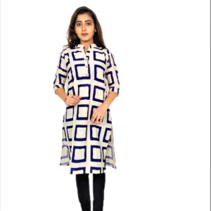 Navy Blue Square Print On Cream Base Color - Cotton Net Fabric Kurti For Women
