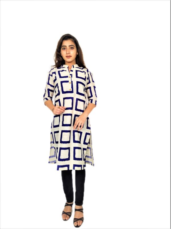 Navy Blue Square Print On Cream Base Color - Cotton Net Fabric Kurti For Women