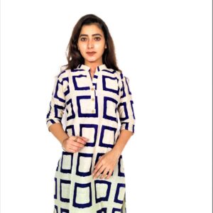Alternative view of Navy Blue Square Print On Cream Base Color - Cotton Net Fabric Kurti For Women