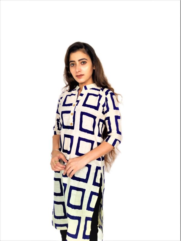 Navy Blue Square Print On Cream Base Color - Cotton Net Fabric Kurti For Women - Image 3