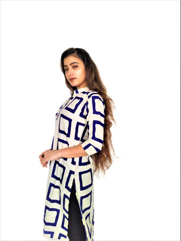 Navy Blue Square Print On Cream Base Color - Cotton Net Fabric Kurti For Women - Image 4