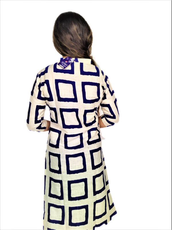 Navy Blue Square Print On Cream Base Color - Cotton Net Fabric Kurti For Women - Image 5