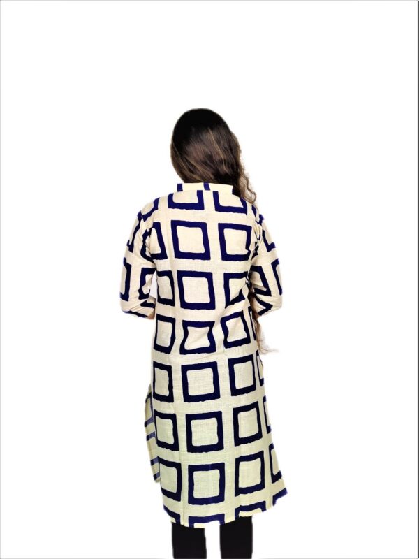 Navy Blue Square Print On Cream Base Color - Cotton Net Fabric Kurti For Women - Image 6