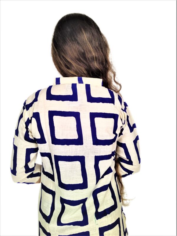 Navy Blue Square Print On Cream Base Color - Cotton Net Fabric Kurti For Women - Image 7