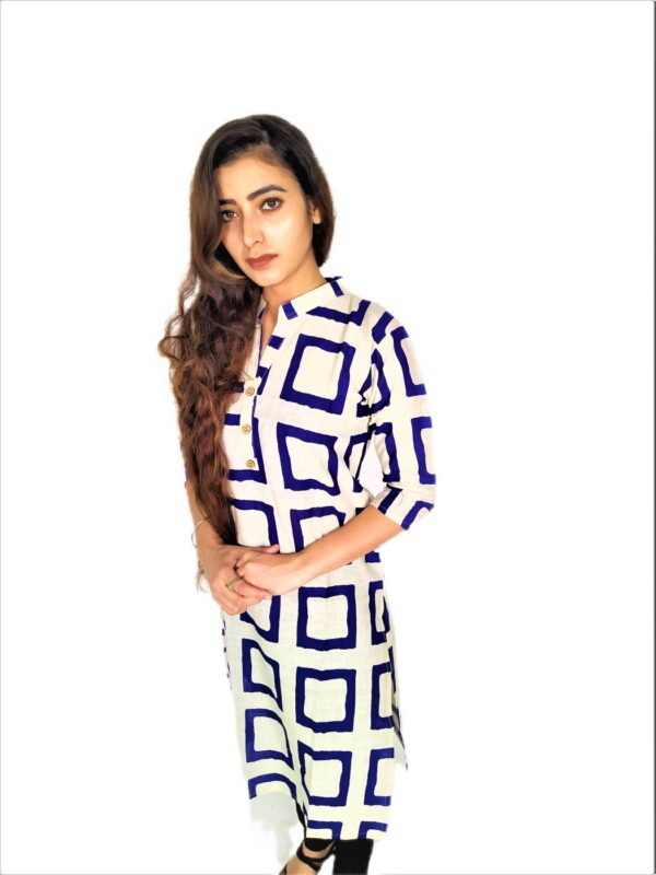 Navy Blue Square Print On Cream Base Color - Cotton Net Fabric Kurti For Women - Image 8
