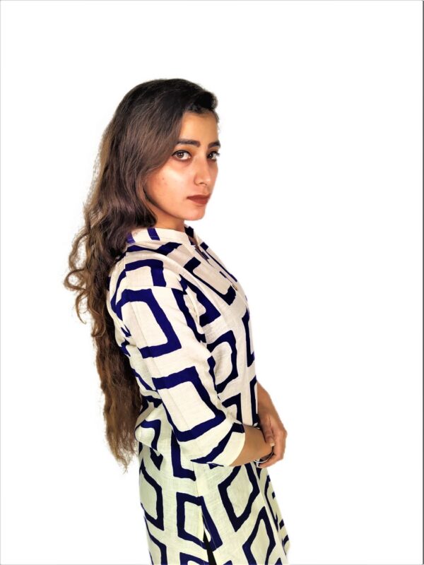 Navy Blue Square Print On Cream Base Color - Cotton Net Fabric Kurti For Women - Image 10