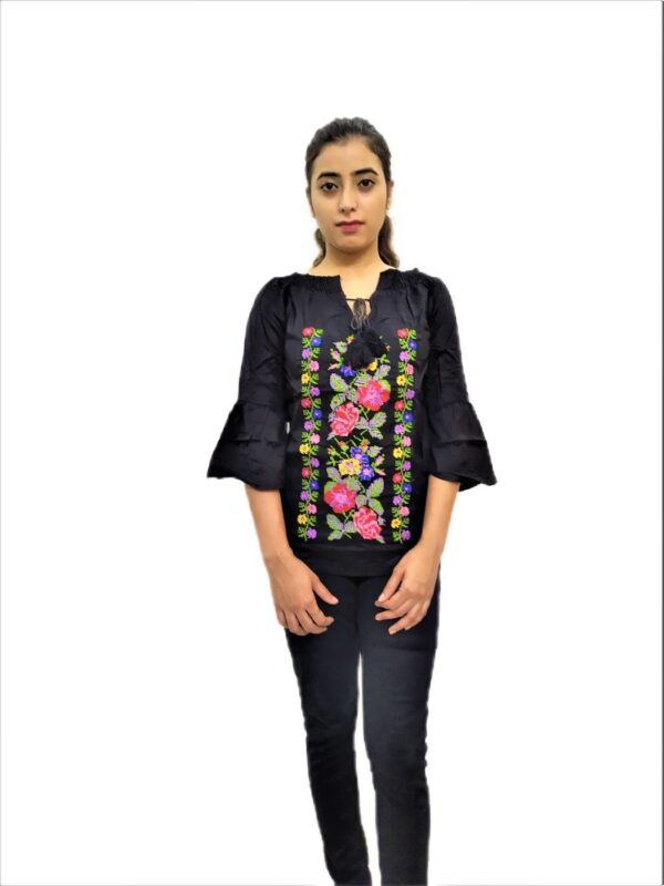 Women's Black Rayon Embroidered Regular Fit Top - Image 4