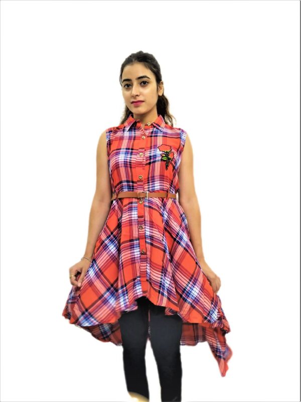 Women's Orange and Blue Check Midi Dress