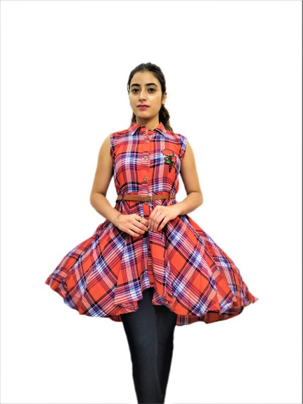 Women's Orange and Blue Check Midi Dress - Image 10