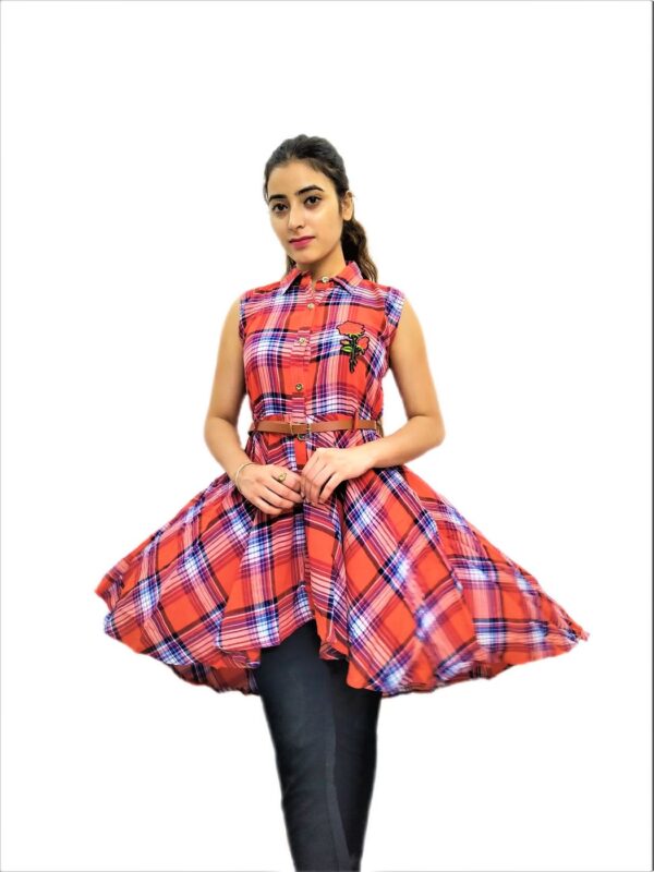 Women's Orange and Blue Check Midi Dress - Image 11