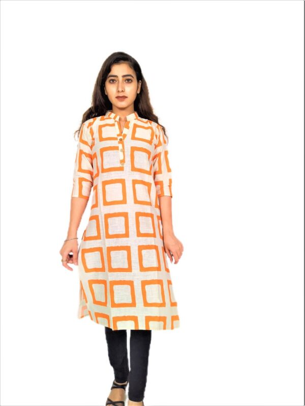 Orange Square Print On Cream Base Color – Cotton Net Fabric Kurti For Women
