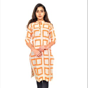 Alternative view of Orange Square Print On Cream Base Color – Cotton Net Fabric Kurti For Women