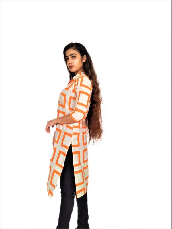 Orange Square Print On Cream Base Color – Cotton Net Fabric Kurti For Women - Image 3