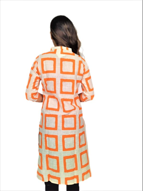 Orange Square Print On Cream Base Color – Cotton Net Fabric Kurti For Women - Image 4