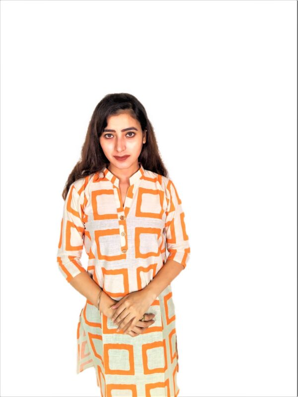 Orange Square Print On Cream Base Color – Cotton Net Fabric Kurti For Women - Image 5