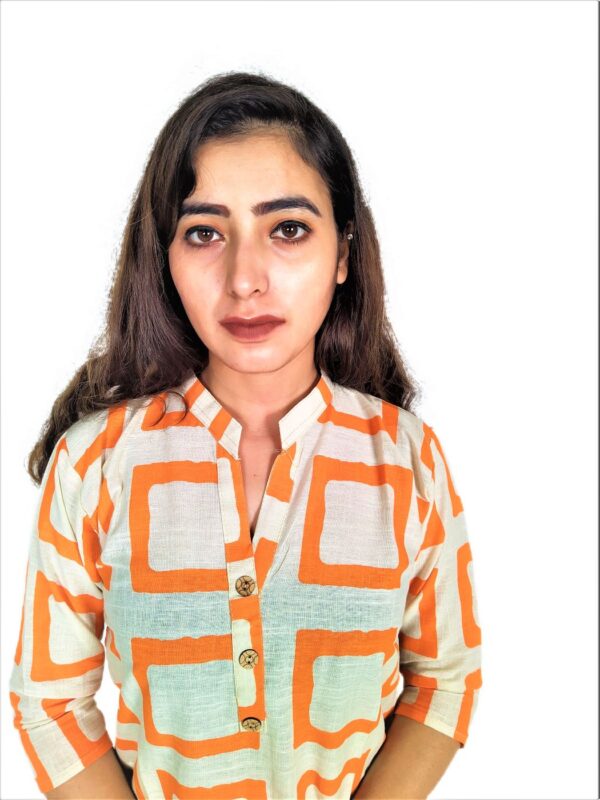 Orange Square Print On Cream Base Color – Cotton Net Fabric Kurti For Women - Image 6