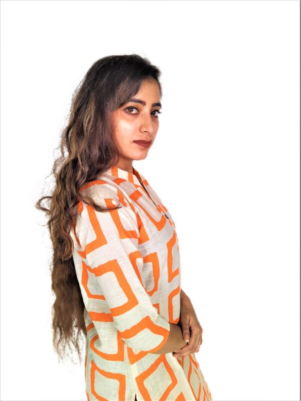 Orange Square Print On Cream Base Color – Cotton Net Fabric Kurti For Women - Image 7
