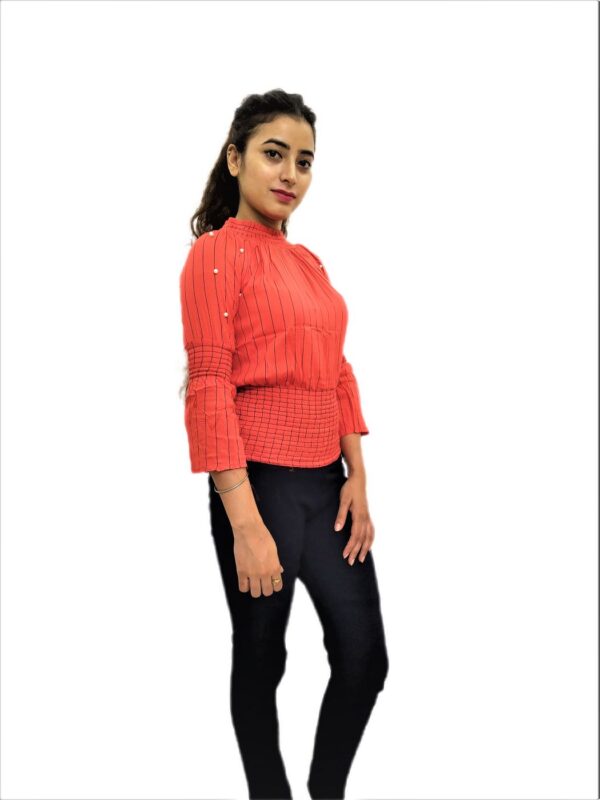 Women’s Orange Elastic Waist Lining Print Design Regular Fit Top