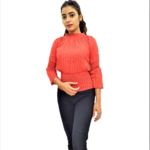 Alternative view of Women’s Orange Elastic Waist Lining Print Design Regular Fit Top