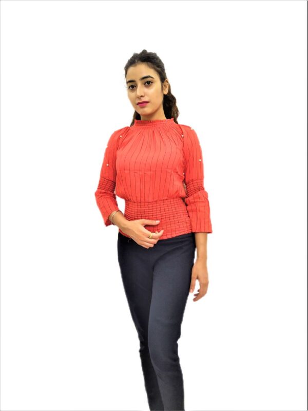 Women’s Orange Elastic Waist Lining Print Design Regular Fit Top - Image 2
