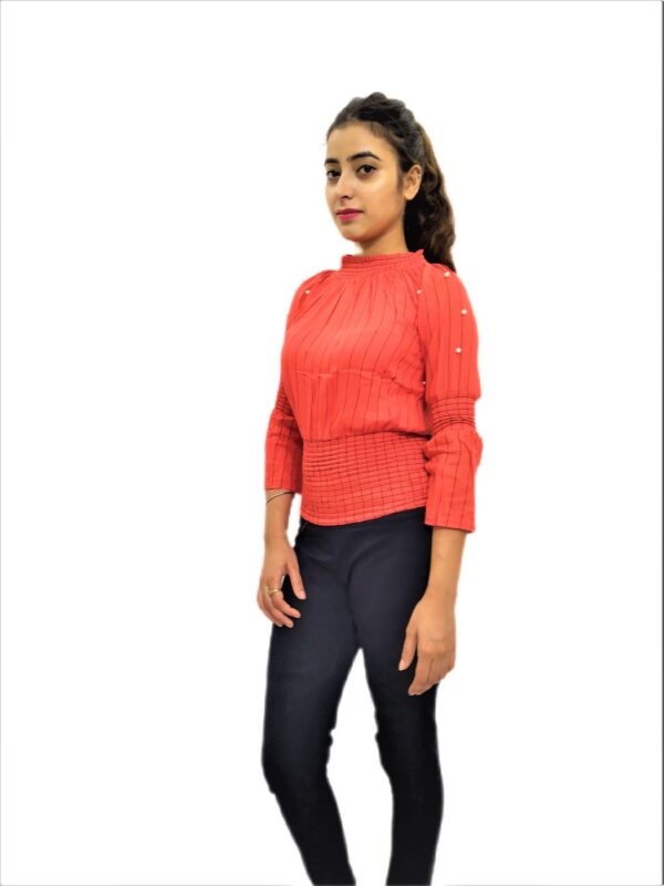 Women’s Orange Elastic Waist Lining Print Design Regular Fit Top - Image 3