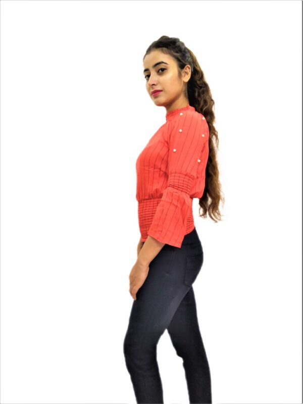 Women’s Orange Elastic Waist Lining Print Design Regular Fit Top - Image 4