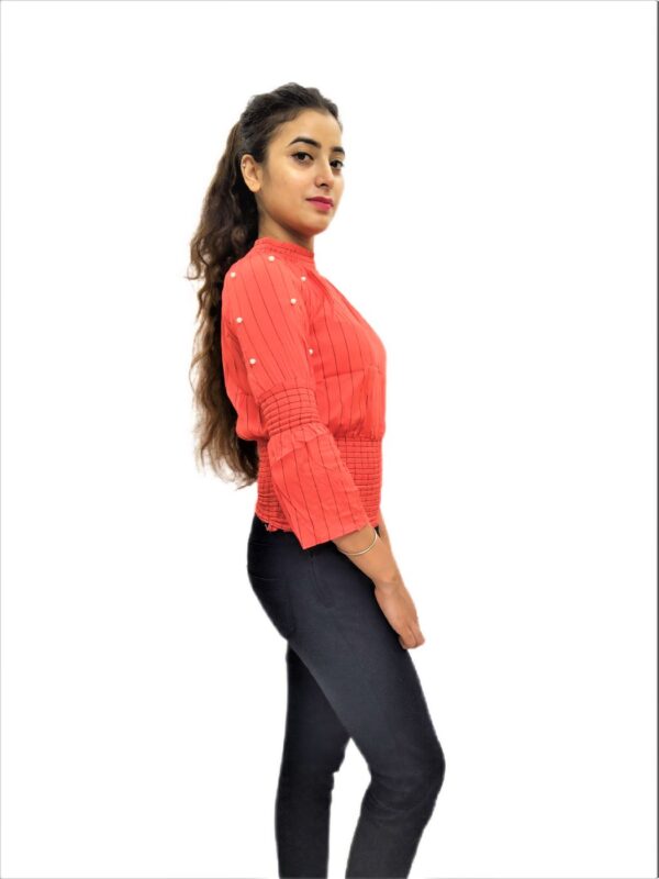 Women’s Orange Elastic Waist Lining Print Design Regular Fit Top - Image 5