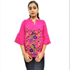 Women's Pink (Rani) Rayon Embroidered Regular Fit Top