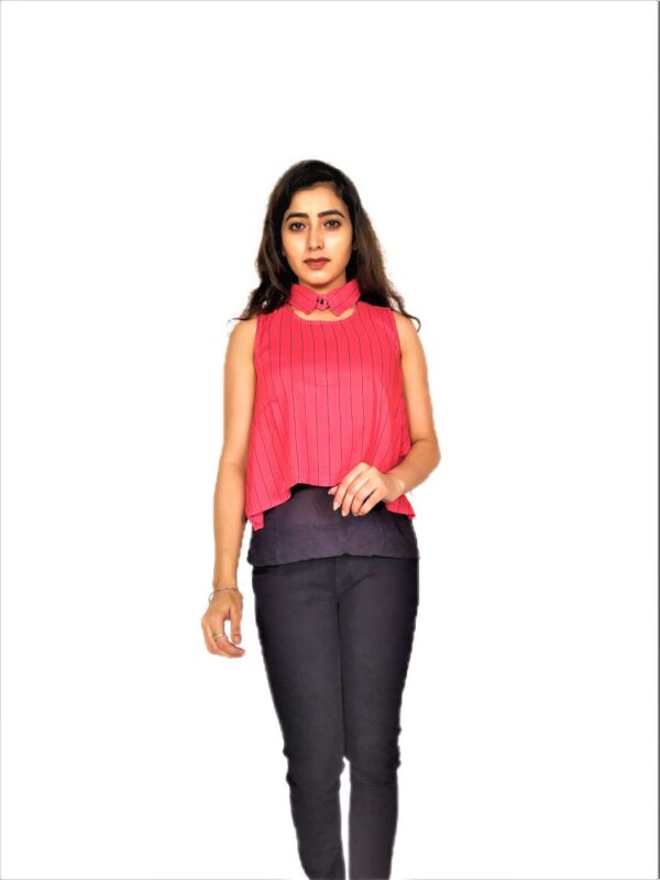 Pink(Gajri) Ruffle Design Sleeveless Top with Collar-Neck And Inner T-Shirt - Image 2