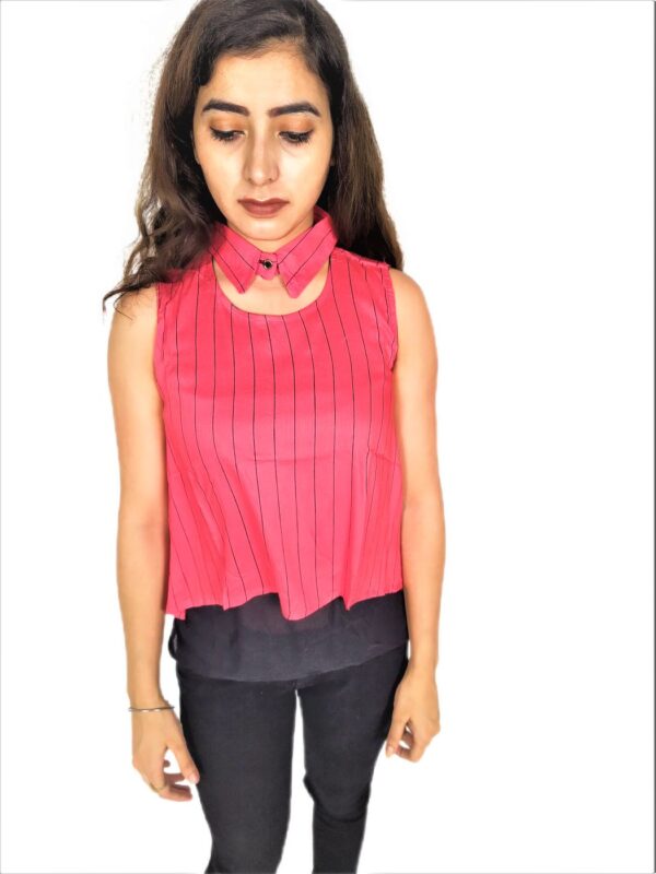 Pink(Gajri) Ruffle Design Sleeveless Top with Collar-Neck And Inner T-Shirt - Image 13
