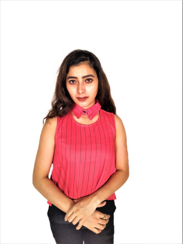 Pink(Gajri) Ruffle Design Sleeveless Top with Collar-Neck And Inner T-Shirt - Image 14
