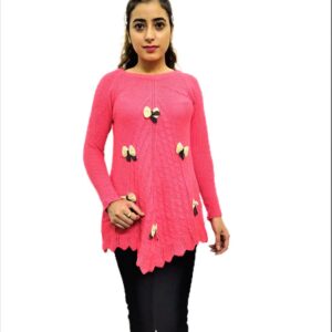 Pink Woven Round Neck Casual Regular Sleeve Self Design Women Top