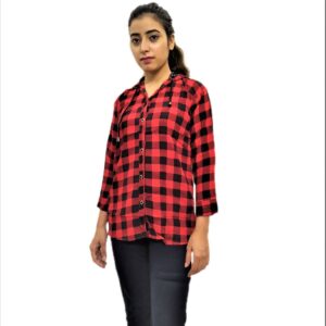 Women’s Maroon (Red) Check Button Front 3/4 Sleeve Hooded Sweatshirt