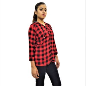 Alternative view of Women’s Maroon (Red) Check Button Front 3/4 Sleeve Hooded Sweatshirt
