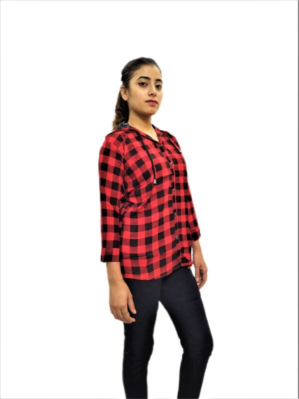 Women’s Maroon (Red) Check Button Front 3/4 Sleeve Hooded Sweatshirt - Image 2