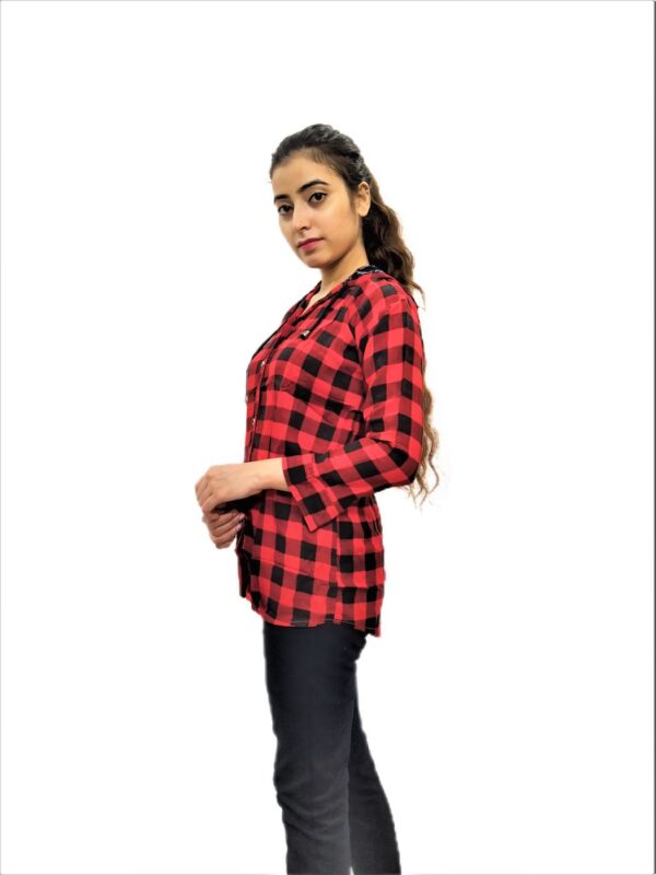 Women’s Maroon (Red) Check Button Front 3/4 Sleeve Hooded Sweatshirt - Image 3
