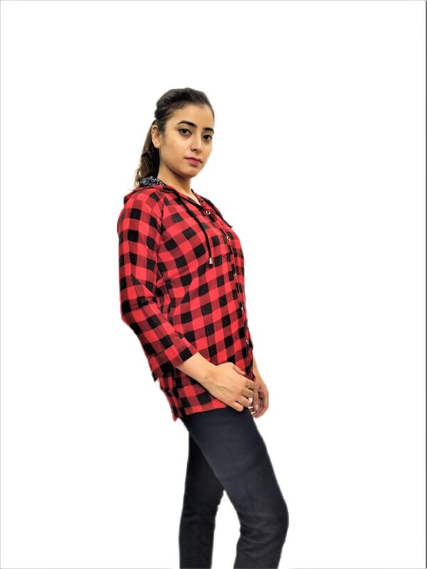 Women’s Maroon (Red) Check Button Front 3/4 Sleeve Hooded Sweatshirt - Image 4