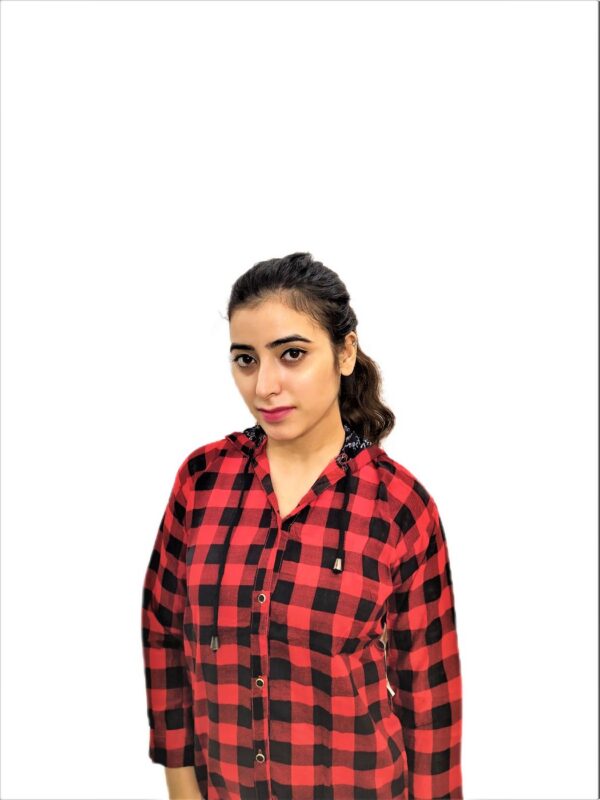 Women’s Maroon (Red) Check Button Front 3/4 Sleeve Hooded Sweatshirt - Image 7