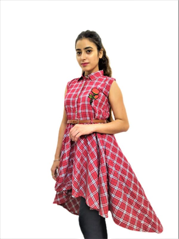 Women's Red and White Check Midi Dress - Image 2