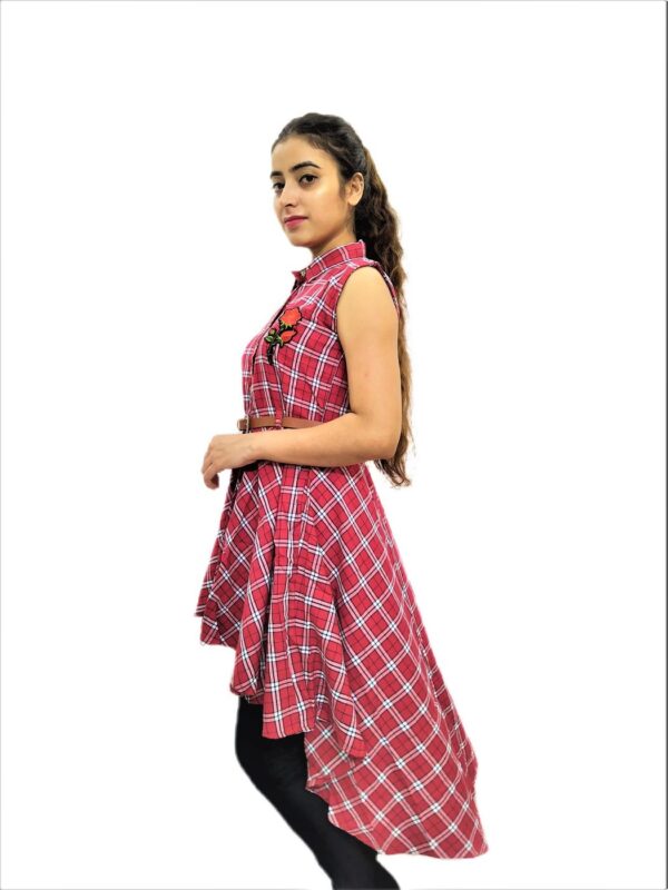 Women's Red and White Check Midi Dress - Image 8