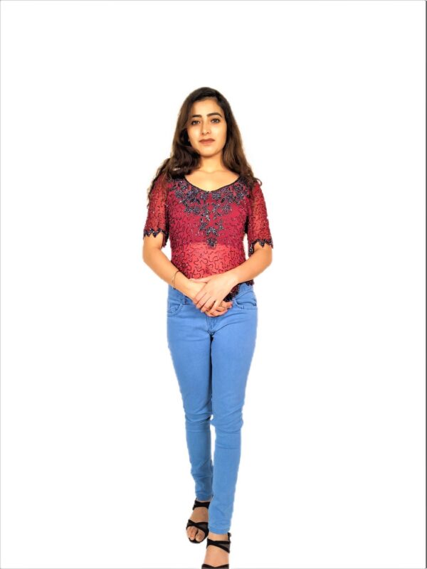 Women Zariwork Solid Red Half Sleeve Wide Round Neck Top