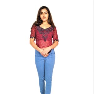 Alternative view of Women Zariwork Solid Red Half Sleeve Wide Round Neck Top