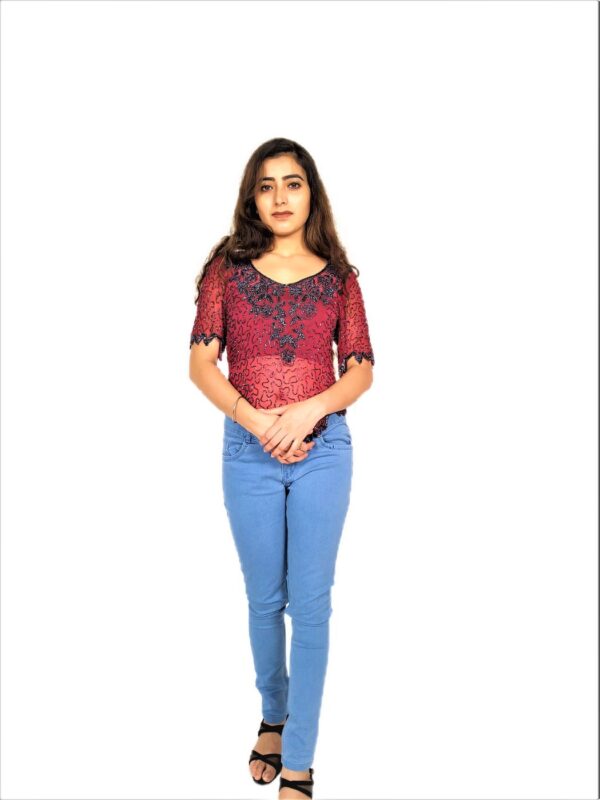 Women Zariwork Solid Red Half Sleeve Wide Round Neck Top - Image 2