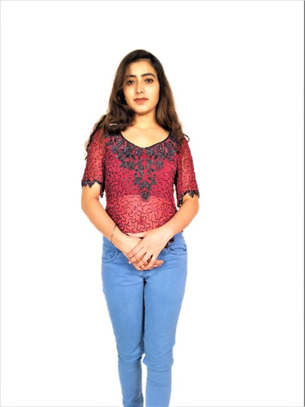 Women Zariwork Solid Red Half Sleeve Wide Round Neck Top - Image 3