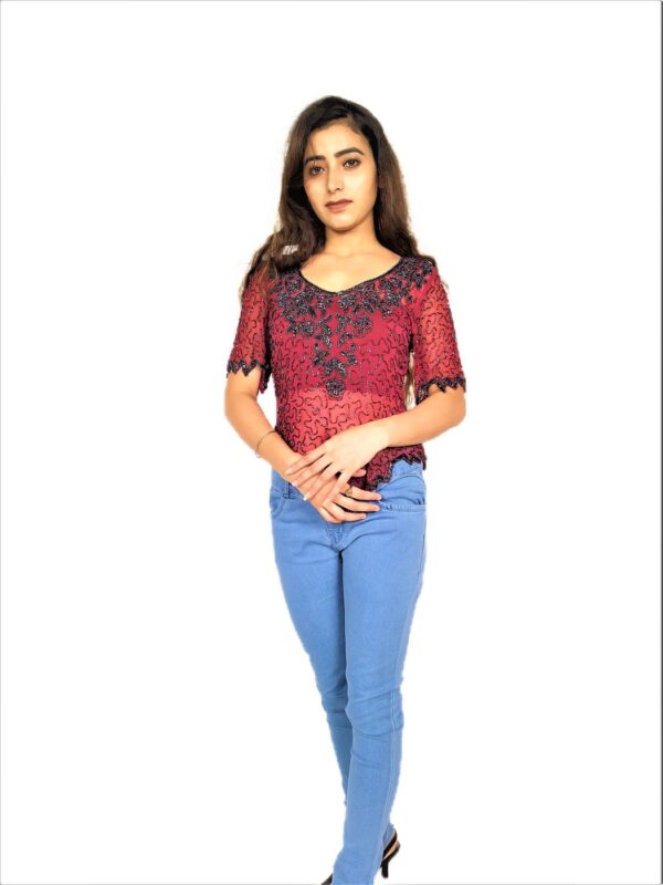Women Zariwork Solid Red Half Sleeve Wide Round Neck Top - Image 5