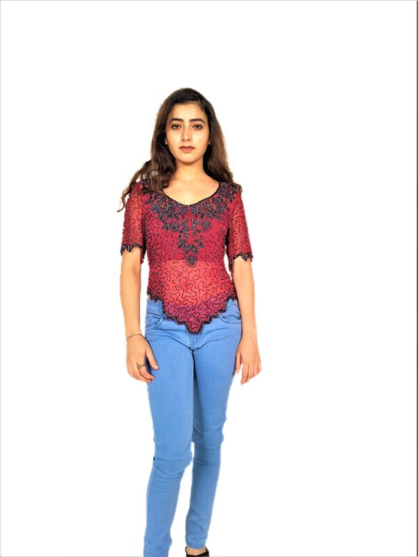 Women Zariwork Solid Red Half Sleeve Wide Round Neck Top - Image 6